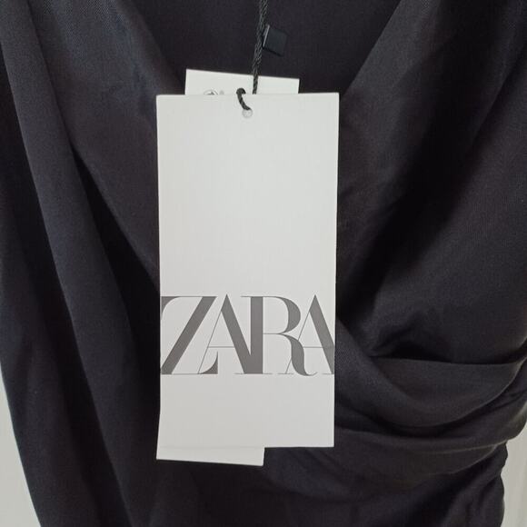 Zara Strappy Satin Effect Gathered Slip Midi Dress Black XS NWT - Picture 9 of 10